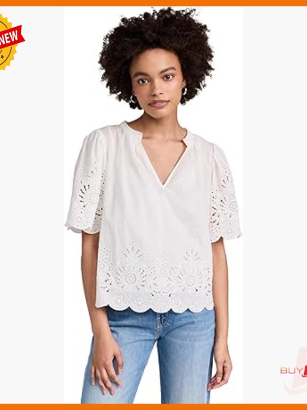 Lightweight Cotton Embroidered Lace Blouse with V-Neck and Scalloped Trim